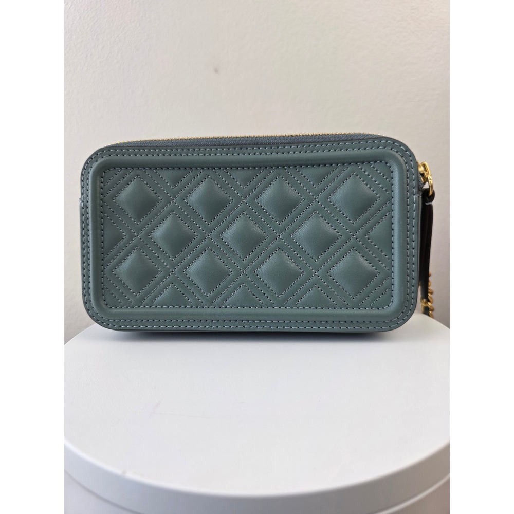 Tory Burch Fleming Soft Double-Zip Mini Bag Blue Grey Quilted Leather Crossbody - Picture 2 of 13